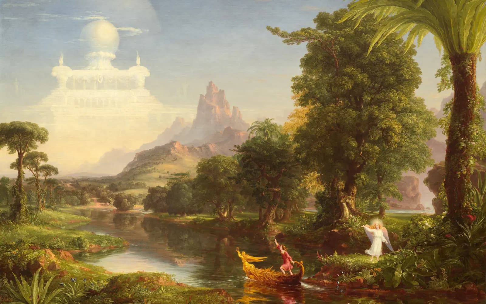Thomas Cole's The Voyage of Life: Youth: a young man stands in a golden boat on a river, reaching towards a shining castle in the sky, while a guardian angel watches from the bank.