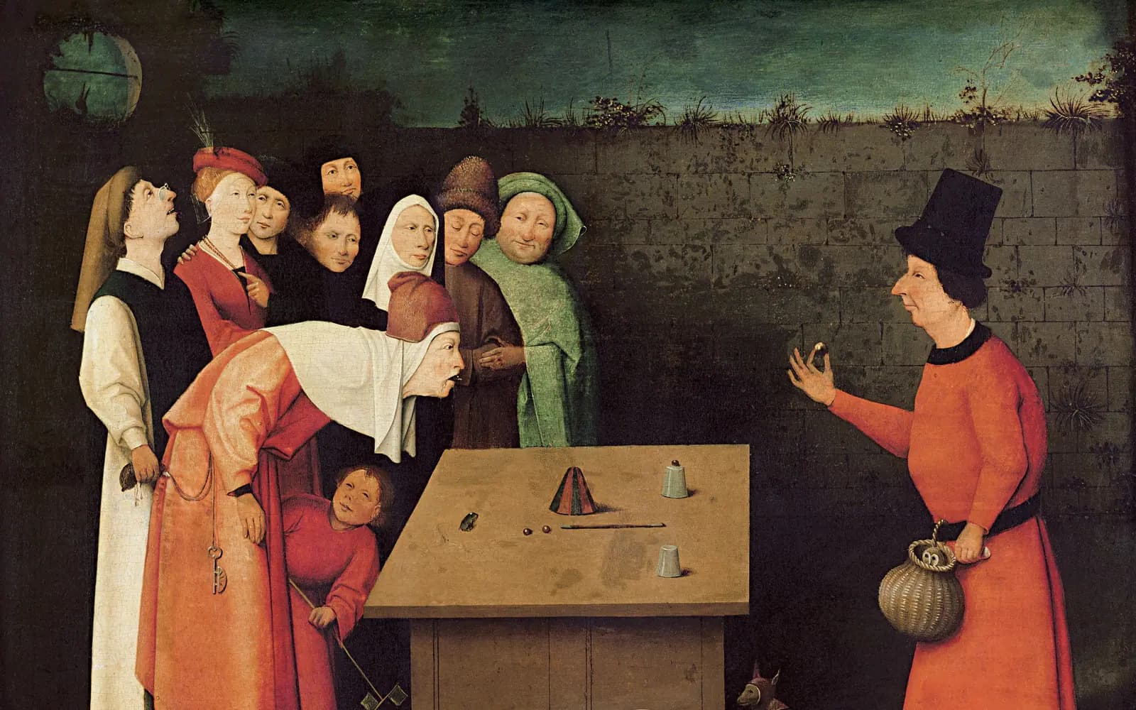 Painting of a street conjurer performing a cup-and-ball trick at a table while a crowd watches, one man leaning forward in fascination.