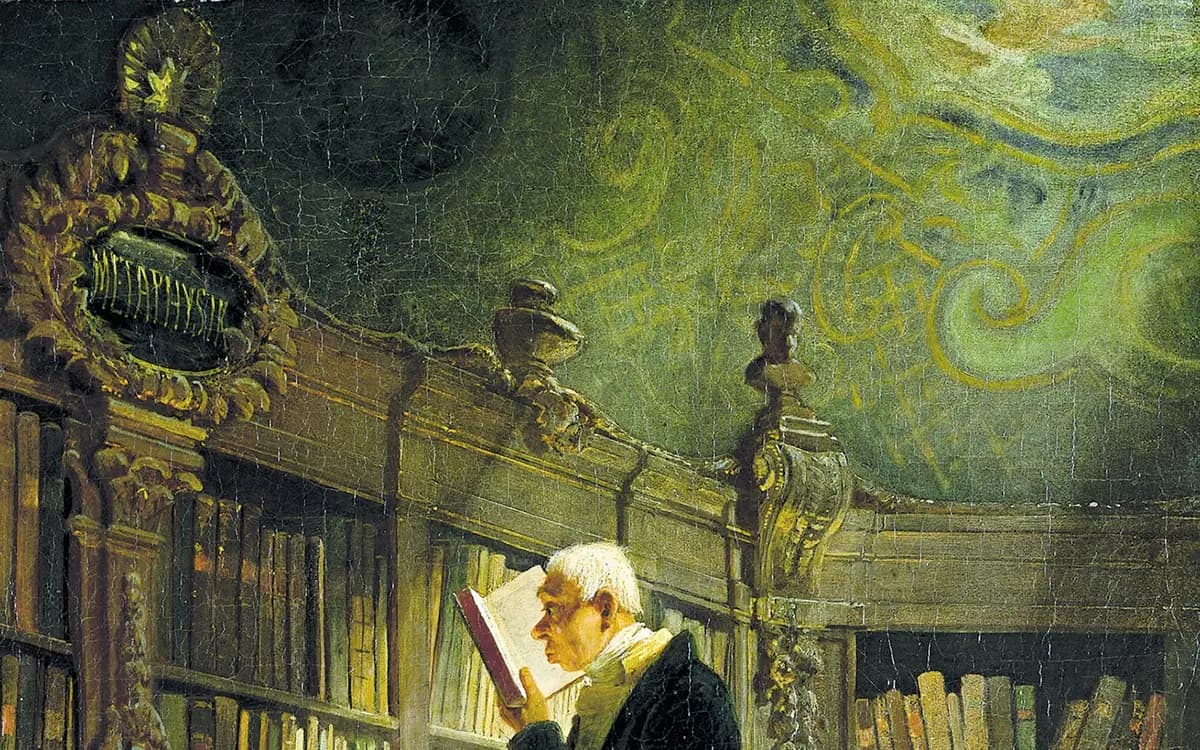 Painting of an elderly white-haired man in a dark coat reading a red book in a tall library, surrounded by old bookshelves under an ornate painted ceiling with a carved sign reading Metaphysik.