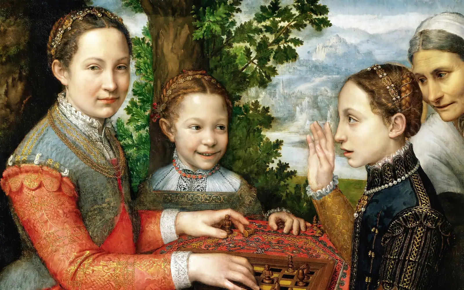 Renaissance painting of three young sisters in rich embroidered dresses playing chess at a table outside, one moving a piece while an older woman in a white headscarf watches from the right.