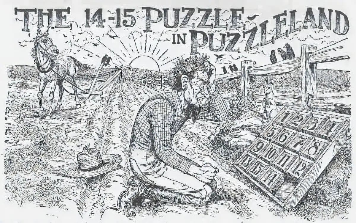 Black-and-white engraving of a farmer kneeling in a field, clutching his head in frustration beside a giant 15-puzzle of numbered tiles, with a horse and plough behind him