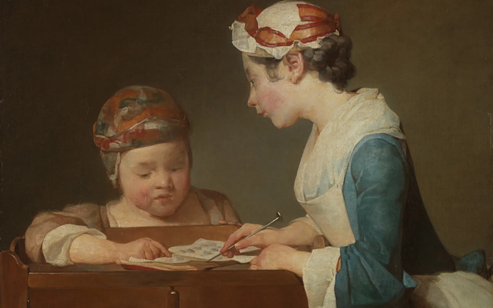 Chardin's The Young Schoolmistress: a young woman in a white cap points with a slender rod at letters in a book while a small child leans on the table and follows along.