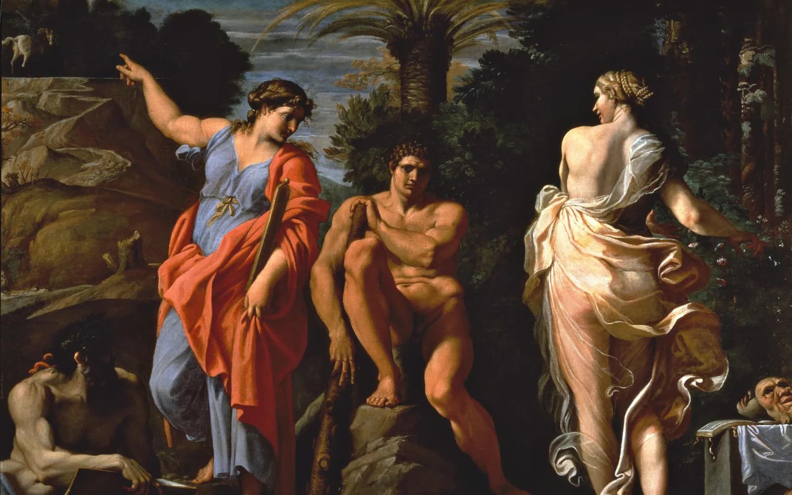 Annibale Carracci painting of the young Hercules seated on a rock between two women, one pointing up a steep rocky path and the other gesturing toward a garden.