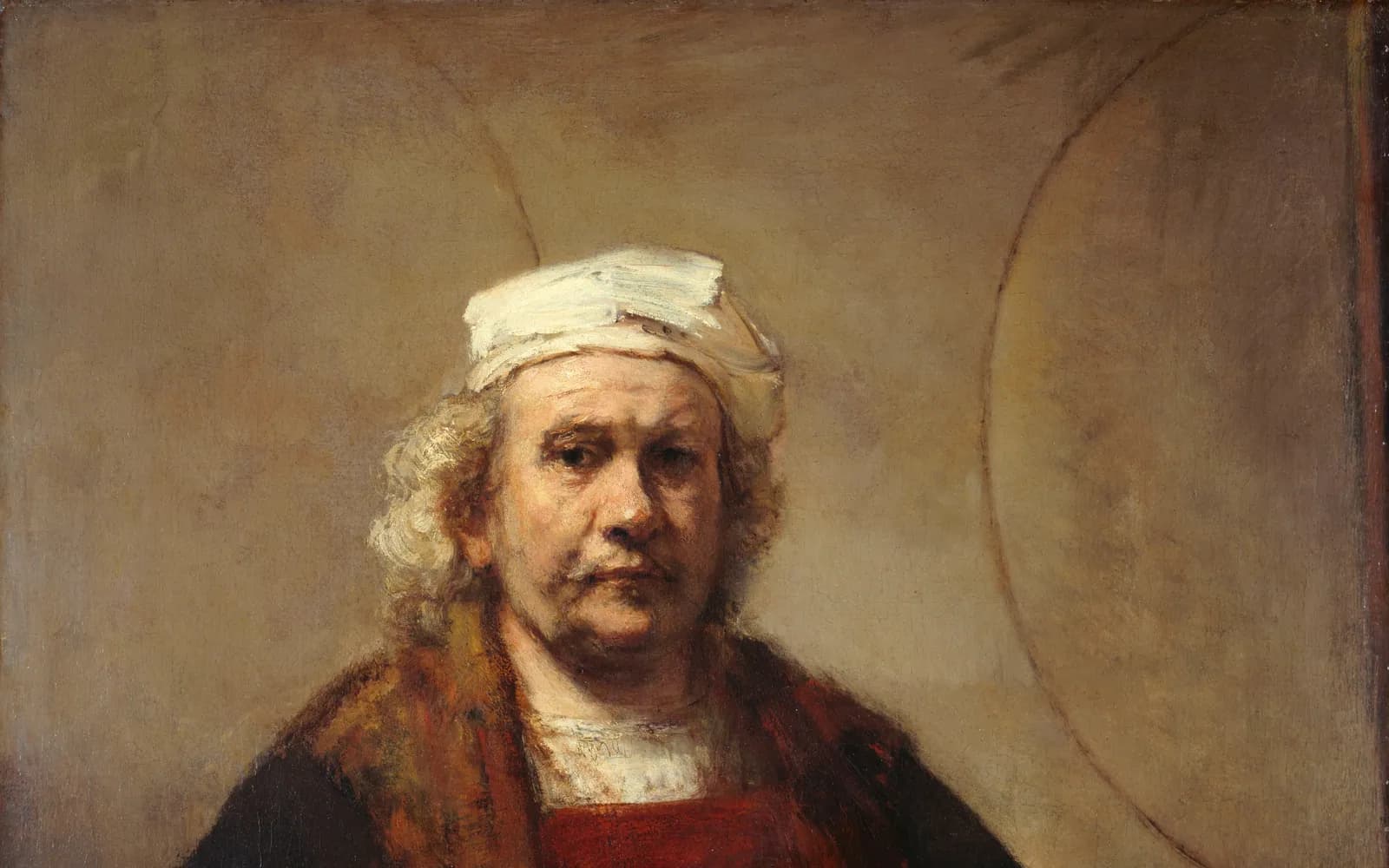 Rembrandt's late self-portrait: an older man in a white cap and fur-trimmed robe looks steadily at the viewer in front of a pale wall marked with two large arcs.