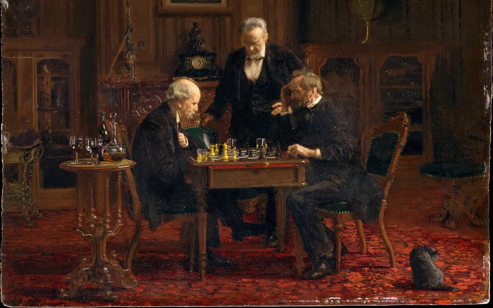 Painting of two older men concentrating over a chess game at a small table in a dark wood-panelled room, while a third man stands behind them watching
