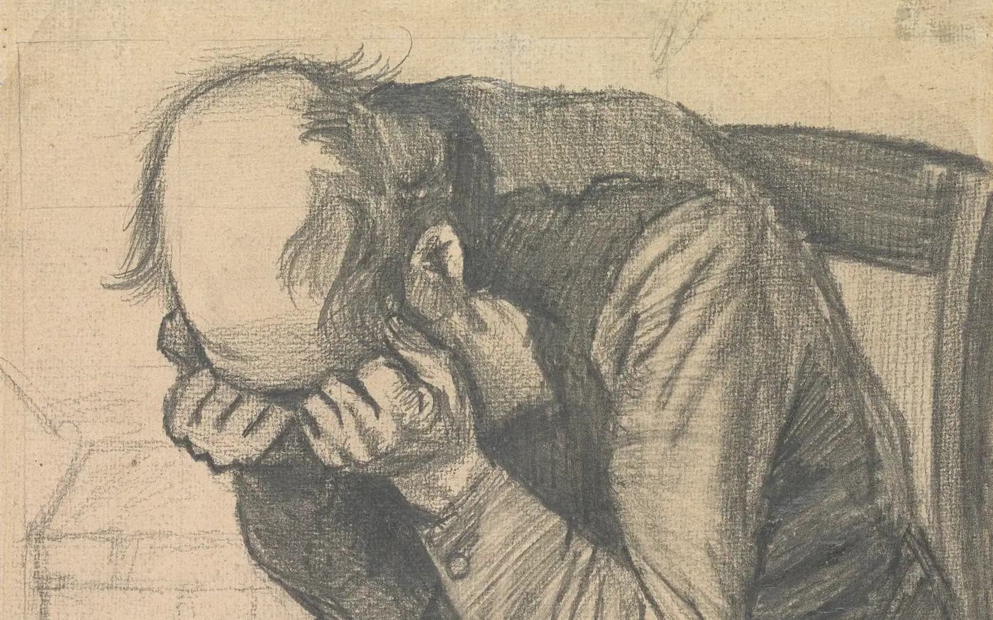 Pencil drawing by Vincent van Gogh of an elderly man seated on a chair, bent forward with his face buried in his hands.