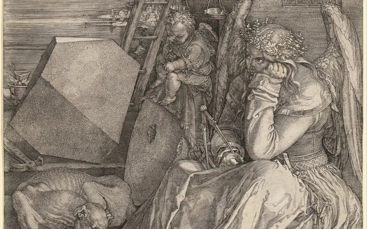 Dürer's engraving Melencolia I: a winged figure sits with her chin in her hand among measuring tools, a balance, an hourglass and a large stone polyhedron, lost in thought.